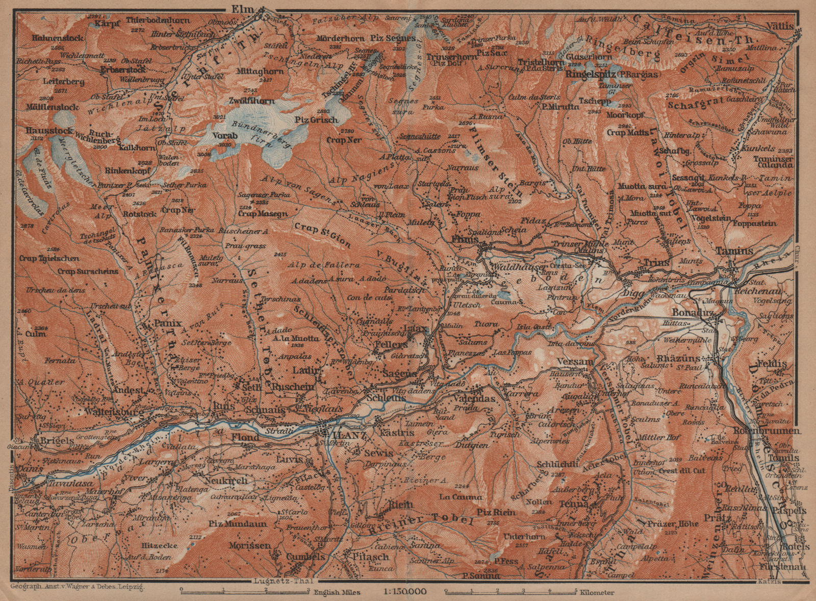 ILANZ & FLIMS AREA. Laax Obersaxen Mundaun Brigels Waltensburg Tamins 1901 map